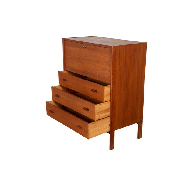 Brown 1970s Mid-Century Modern Teak Secretary Desk Vanity With Mirror For Sale - Image 8 of 11