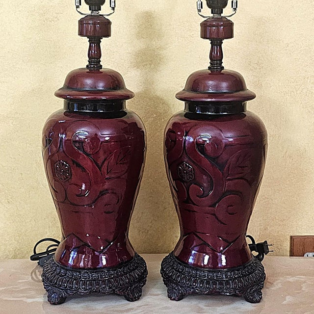 Ceramic Vintage Sang De Boeuf Red Chinoiserie Ginger Jar Table Lamps - Pair For Sale - Image 7 of 18