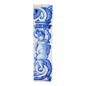 Antique 18th Century Set of Four Tiles Depicting a Cherub Holding a Baroque Torchiere