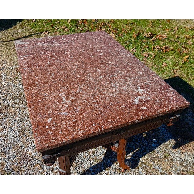 Wood Antique Victorian Eastlake Walnut Parlor Table Chocolate Marble Stick and Ball 1880s For Sale - Image 7 of 17
