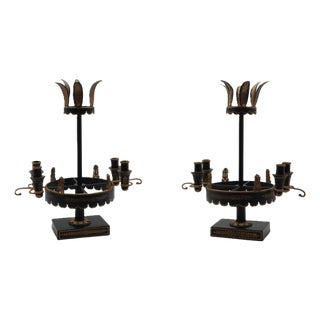 1980s Pair of Black & Gold Toleware Candelabras For Sale