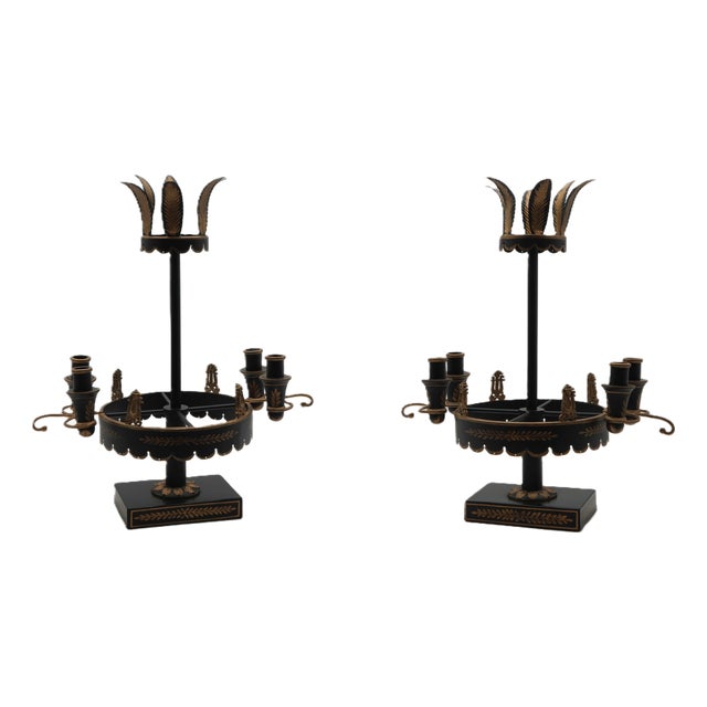 1980s Pair of Black & Gold Toleware Candelabras For Sale