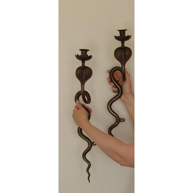 Modern Egyptian Revival Engraved Brass Enameled Cobra Sconces, Set of 2 For Sale - Image 3 of 13