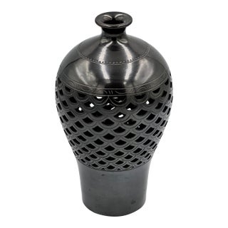 Vintage Warren Yip Hand Molded Studio Art Black Clay Pottery Openwork Bud Vase For Sale