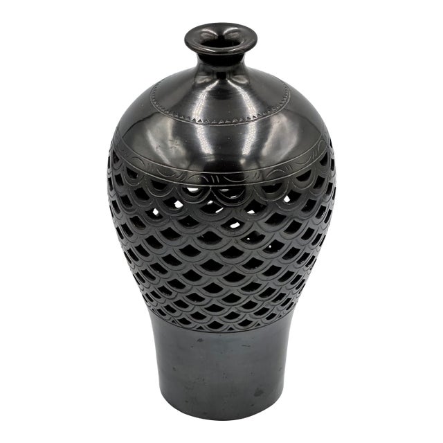 Vintage Warren Yip Hand Molded Studio Art Black Clay Pottery Openwork Bud Vase For Sale