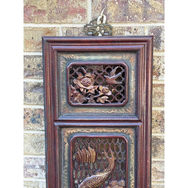 Late 19th Century 1875 Chinese Red Intricate Wooden Carved Door Panels in Gold, a Pair For Sale - Image 5 of 8