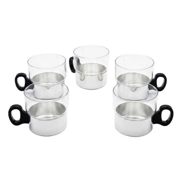 Mid-Century Modern German Tea Cups with Stainless Steel Holders by WMF, 1960s, Set of 5 For Sale