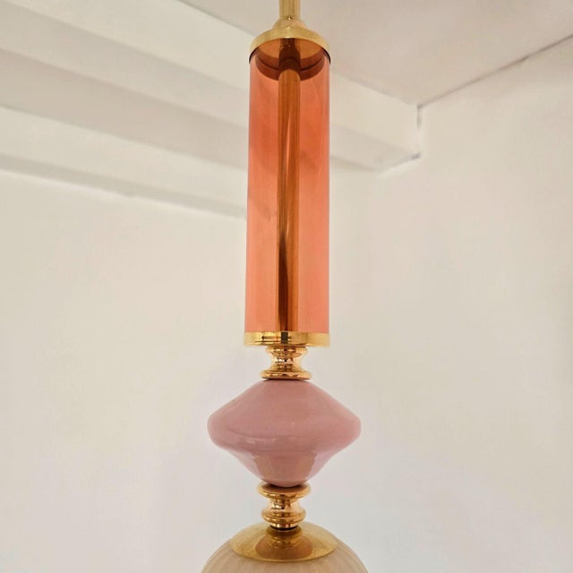 1990s Pink and Amber Murano Glass Pendant Lights - Pair For Sale - Image 12 of 13