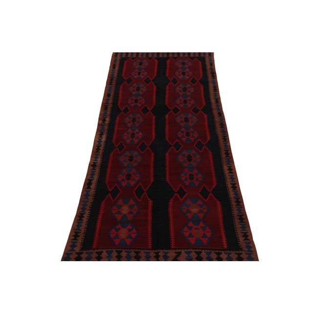Tribal Vintage Ghazvin Kilim in anBlack With Red and Blue Geometric Patterns For Sale - Image 3 of 7