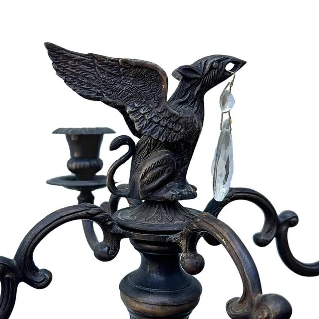 Victorian Vintage Neoclassical Gothic Bronze Candelabra With Griffin Finial & Crystal For Sale - Image 3 of 6