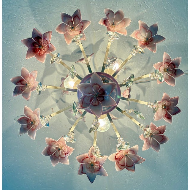 1980s Italian Murano Style Pink Floral Glass Chandelier With Crystals For Sale - Image 13 of 18