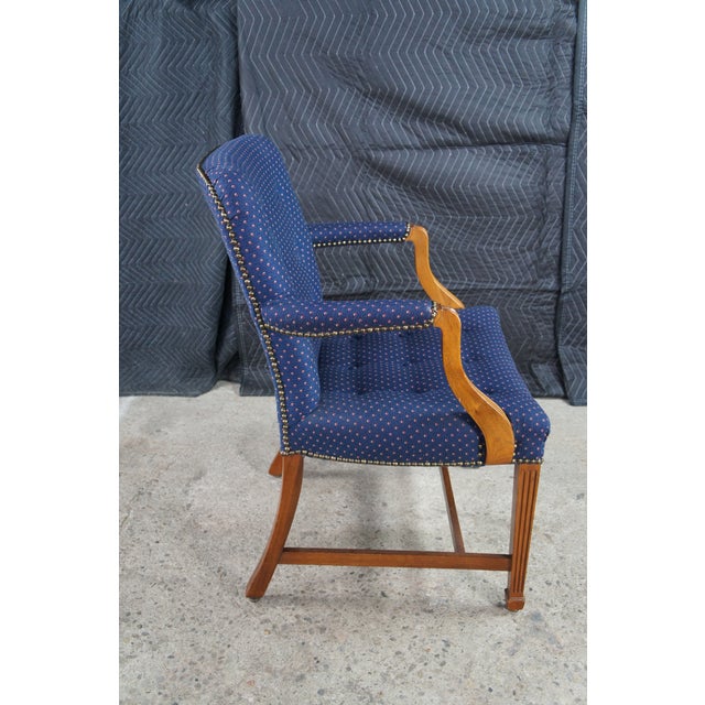 2 Mid Century Federal Mahogany Office Arm Chairs Blue Polka Dot Tufted Fabric For Sale - Image 9 of 12