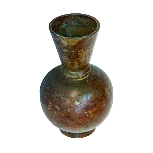 Japanese banded bronze modernist vase with full round body. The flare top is separated by banding separating the round...