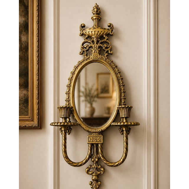 Pair of Vintage Solid Brass Japanese Hollywood Regency Mirrored Wall Sconces For Sale - Image 4 of 4
