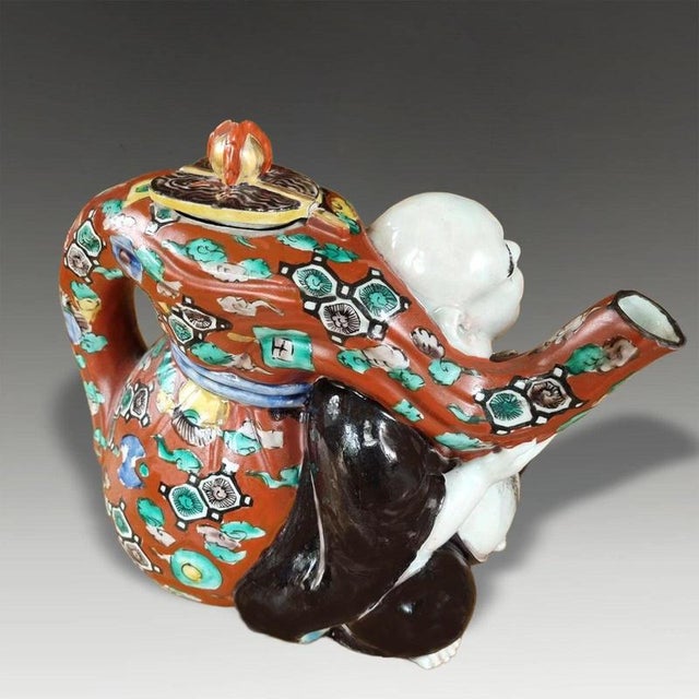 Antique Meiji Japanese Kutani Hotei Laughing Buddha Teapot For Sale - Image 4 of 9