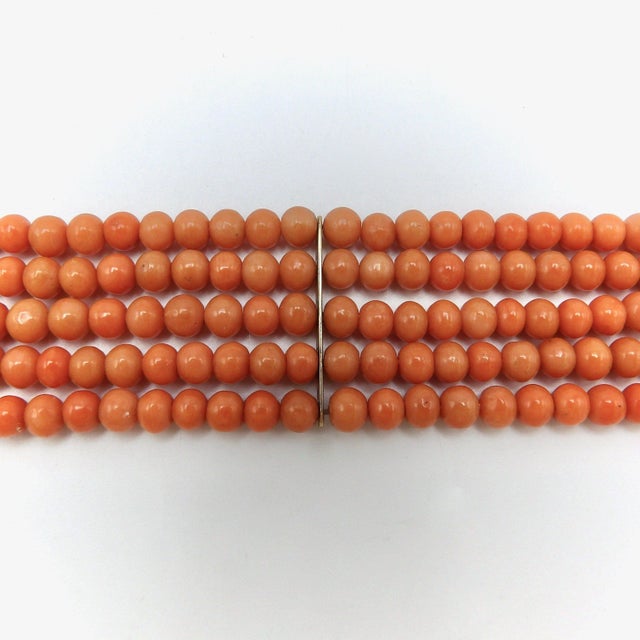 Late 19th Century Late 19th Century Victorian 5 Strand Coral Choker With 10k Gold Bars & Clasp For Sale - Image 5 of 7