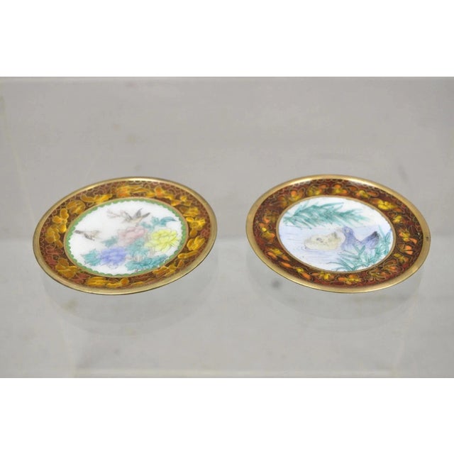 Chinoiserie Vintage Chinese Brass Enamel Cloisonne Small Trinket Dish Set Brown - Set of 2 For Sale - Image 3 of 8