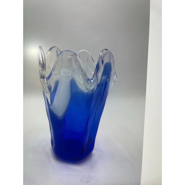 Vintage Cobalt Blue Murano Style Art Glass Flower Bowl Vase For Sale - Image 4 of 4