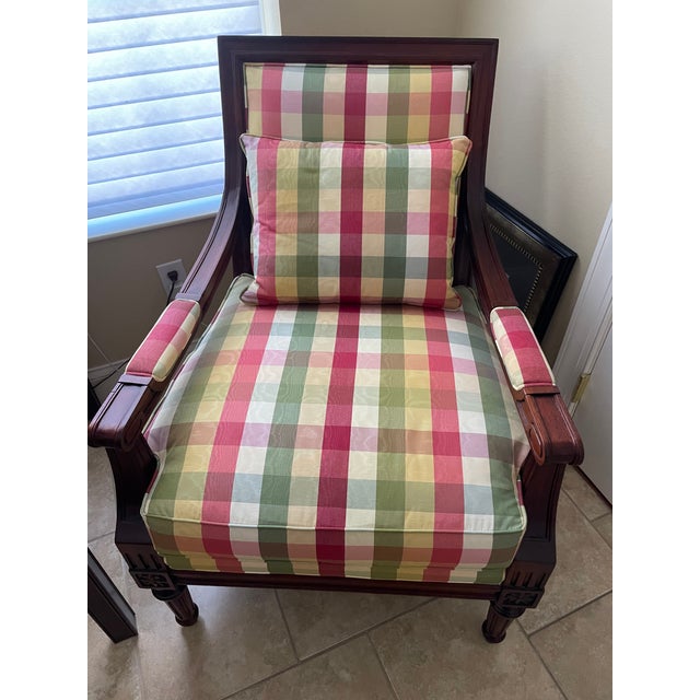 Beautiful pair of Louis XV mahogany chairs upholstered in a lovely plaid featuring shades of creams, pinks, greens and...