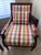Beautiful pair of Louis XV mahogany chairs upholstered in a lovely plaid featuring shades of creams, pinks, greens and...