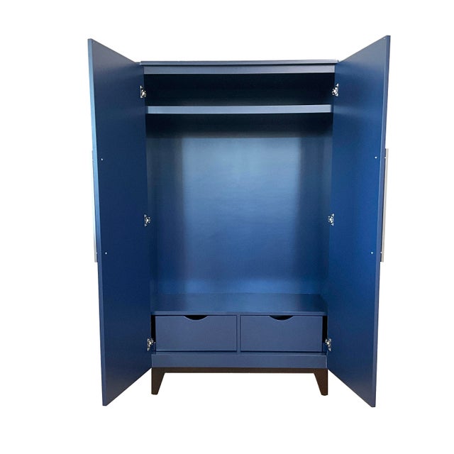 Green Bay Modern Blue Lacquer Armoire With Tapered Wood Legs and Metal Pulls For Sale - Image 4 of 7