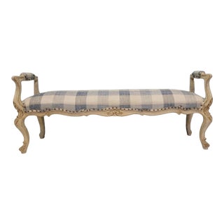 French Style Carved Blue and White Upholstered Bench Att. To Lewis Mittman For Sale