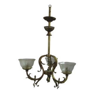 Antique Victorian Brass Electric 3 Lights Gas Chandelier For Sale