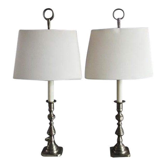 Pair of 1980s Baldwin Pewter Candle Stick Table Lamps With Rectangular Bowed Shades For Sale