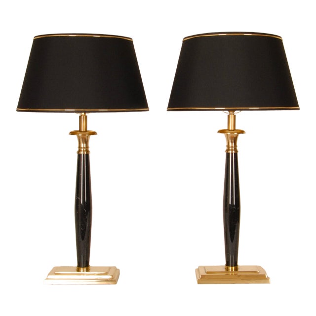 Vintage Italian Table Lamps Black Marble and Gold a Pair For Sale