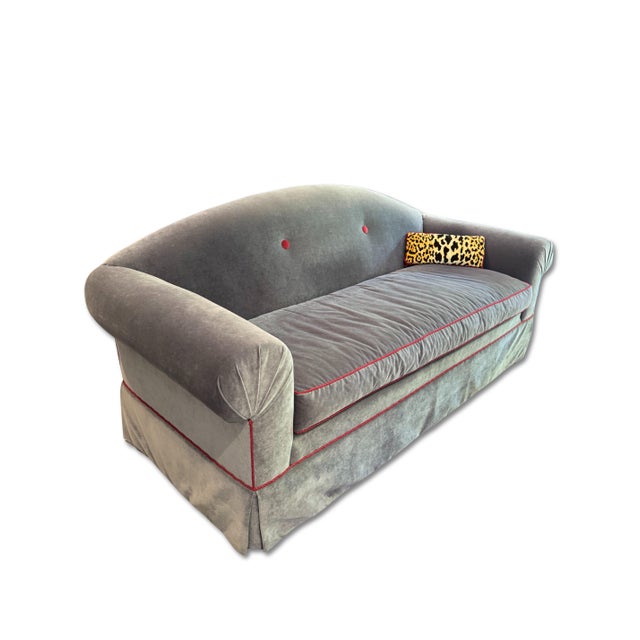 Modern Vintage Velvet Camelback Sofa For Sale - Image 3 of 13