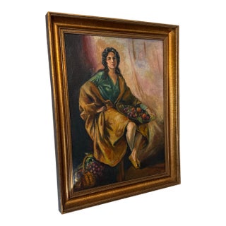 Vintage Italian Style Oil Painting Lady With Fruit Still Life ~ Signed For Sale