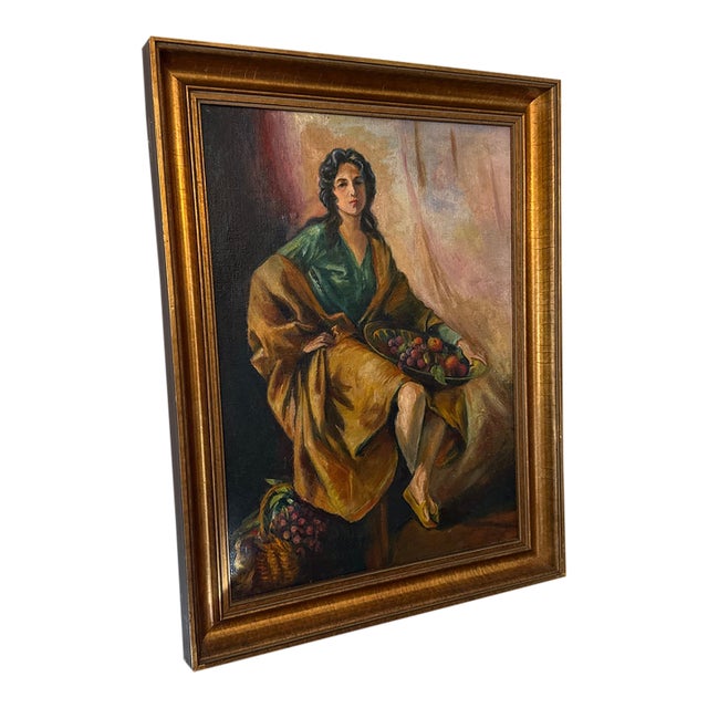 Vintage Italian Style Oil Painting Lady With Fruit Still Life ~ Signed For Sale