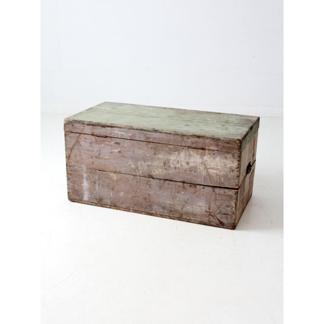 Wood Antique Painted Flat Top Wood Trunk For Sale - Image 7 of 16