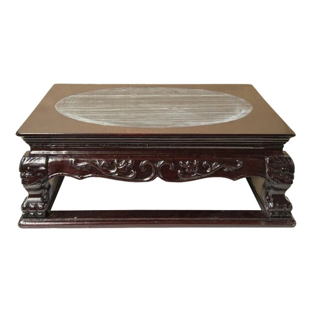 14.5" Chinese Brown Wood Square Stone Top Vase Stand Display Riser For Sale