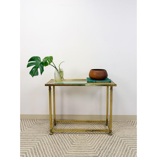 Vintage MCM Brass Console Table Glass Top Hollywood Regency Sofa Table Coastal For Sale - Image 9 of 14