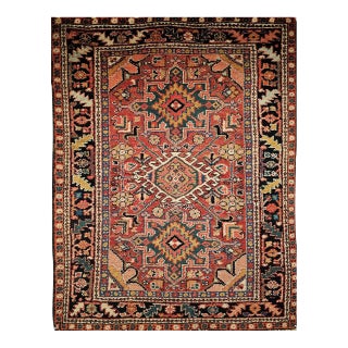 Vintage Heriz Karajah Rug, Hand-Knotted Wool, Geometric Pattern, Rust-Red & Navy, 4x5 For Sale