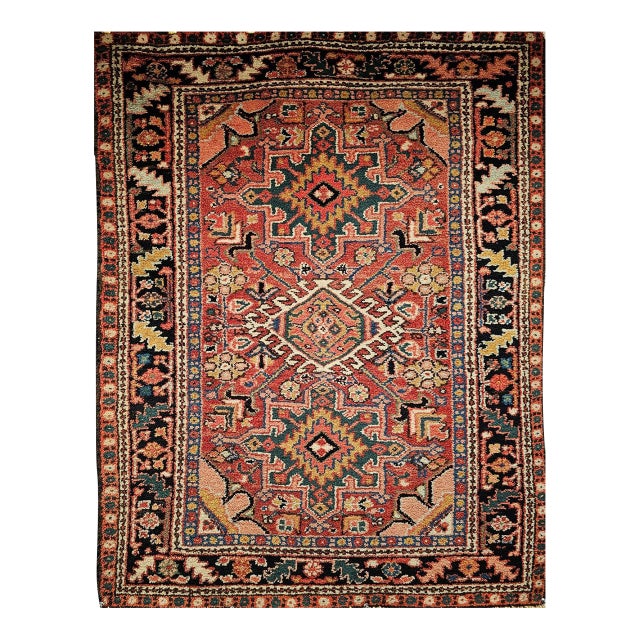 Vintage Persian Heriz Karajah Rug, Hand-Knotted Wool, Geometric Pattern, Rust-Red & Navy, 4x5 For Sale