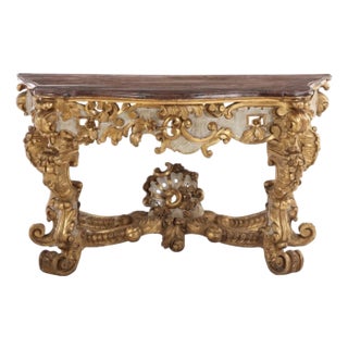Early 19th Century Large Scale Roccoco Painted Venetian Italian Console Table With Faux Marble Top. For Sale