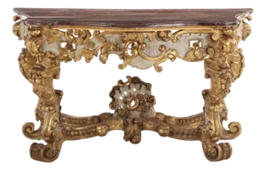 Early 19th Century Large Scale Roccoco Painted Venetian Italian Console Table With Faux Marble Top.