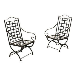 Pair of Hervé Baume French Wrought Iron Folding Patio Chairs | Outdoor Garden Armchairs | France 1970s For Sale
