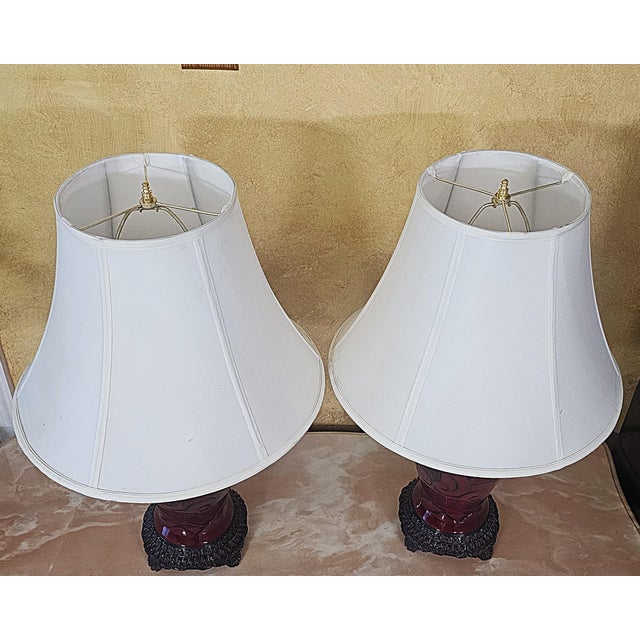 Vintage Sang De Boeuf Red Chinoiserie Ginger Jar Table Lamps - Pair For Sale - Image 4 of 18
