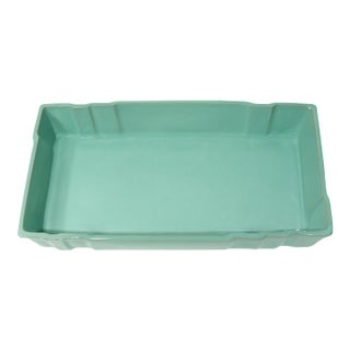 Large Aqua-Celadon Glazed Chinese Pottery Tray / Centerpiece Bowl – 15.75ʺ L × 10ʺ W × 2.5ʺ H – Impressed Seal Mark, Unused Vintage C. 1950s–1980s For Sale