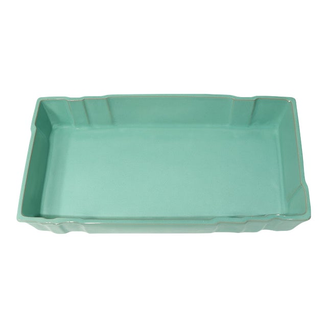 Large Aqua-Celadon Glazed Chinese Pottery Tray / Centerpiece Bowl – 15.75ʺ L × 10ʺ W × 2.5ʺ H – Impressed Seal Mark, Unused Vintage C. 1950s–1980s For Sale