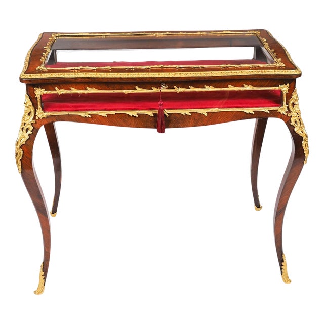 Antique 19th Century French Ormolu Mounted Bijouterie Display Table in Glass, Wood and Velvet For Sale