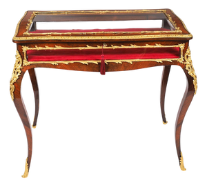 Antique 19th Century French Ormolu Mounted Bijouterie Display Table in Glass, Wood and Velvet