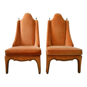 1960s Hollywood Regency Slipper Chairs in Orange with Wood Trim - A Pair
