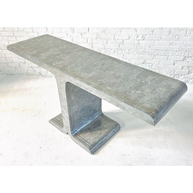 Maitland Smith Tessellated Marble w/Brass Inlay Console, 1970’s. Original great condition. Measures 33” tall 70” wide 20”...