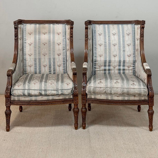 Pair 19th Century French Louis XVI Walnut Bergères ~ Armchairs For Sale In Dallas - Image 6 of 17