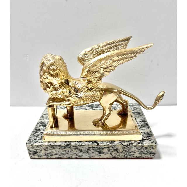 Grand Tour Vintage Brass Winged Lion Sculpture on Marble Base For Sale - Image 3 of 12