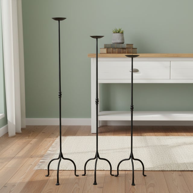 The Compact Straight Trio: Floor Candelabra Set ️ Maximize your style without sacrificing floor space. This Hand-Forged...